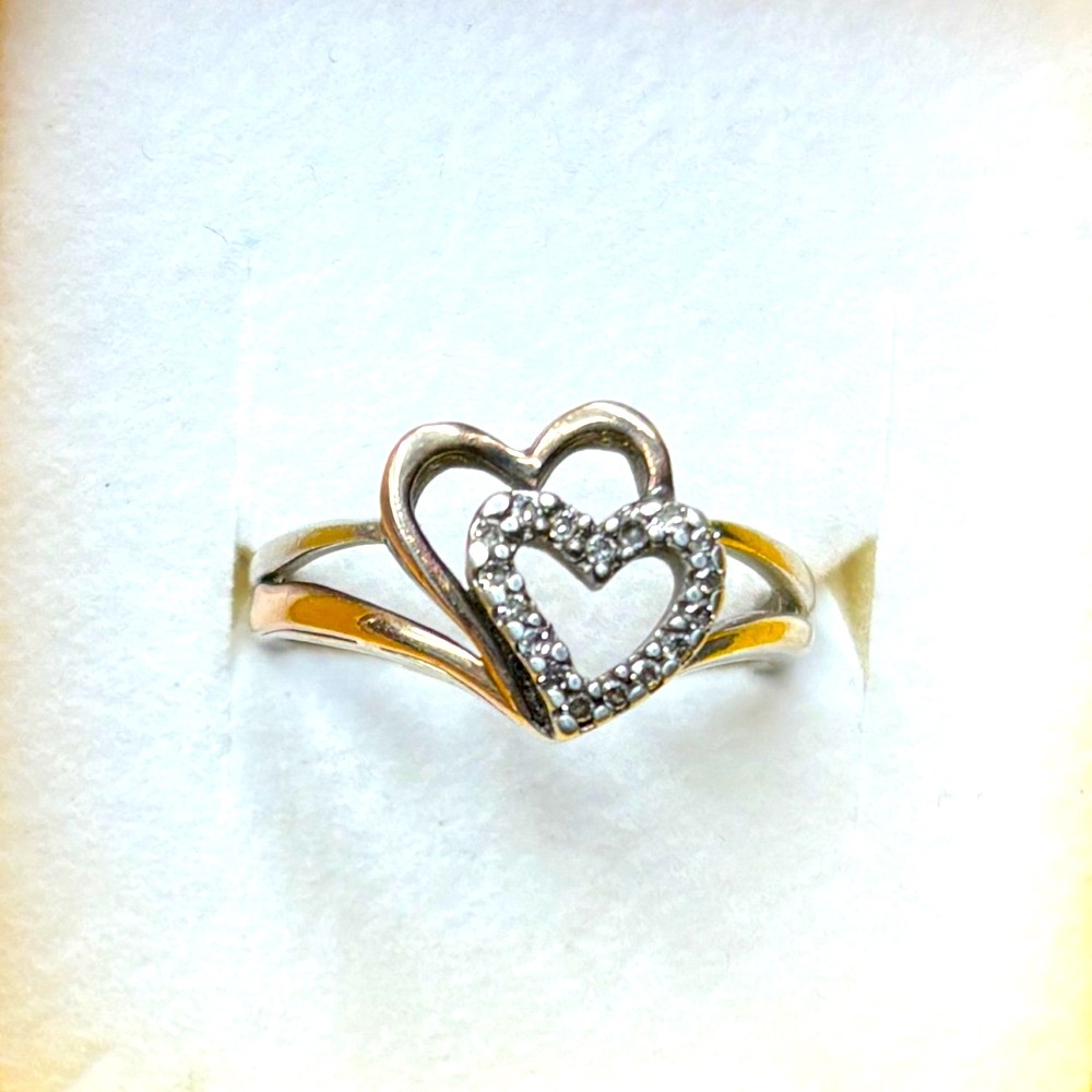 Kay Jewelers 925 and 10k Double Heart Ring w/ Small Diamond chips